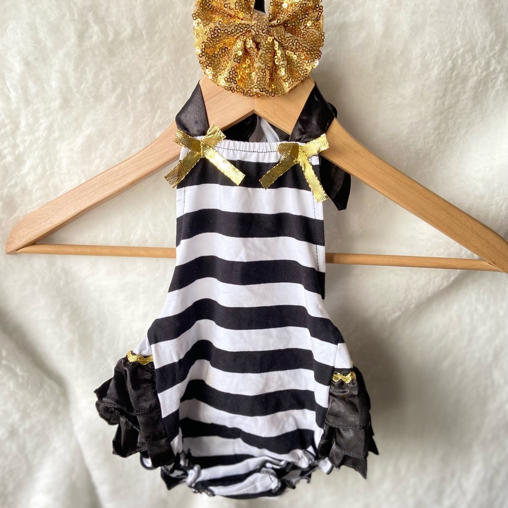 White with black stipes romper